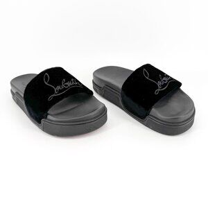 Christian Louboutin 'Navy Pool' Slide Sandals Size 37 US 7 Black Velvet Logo 25